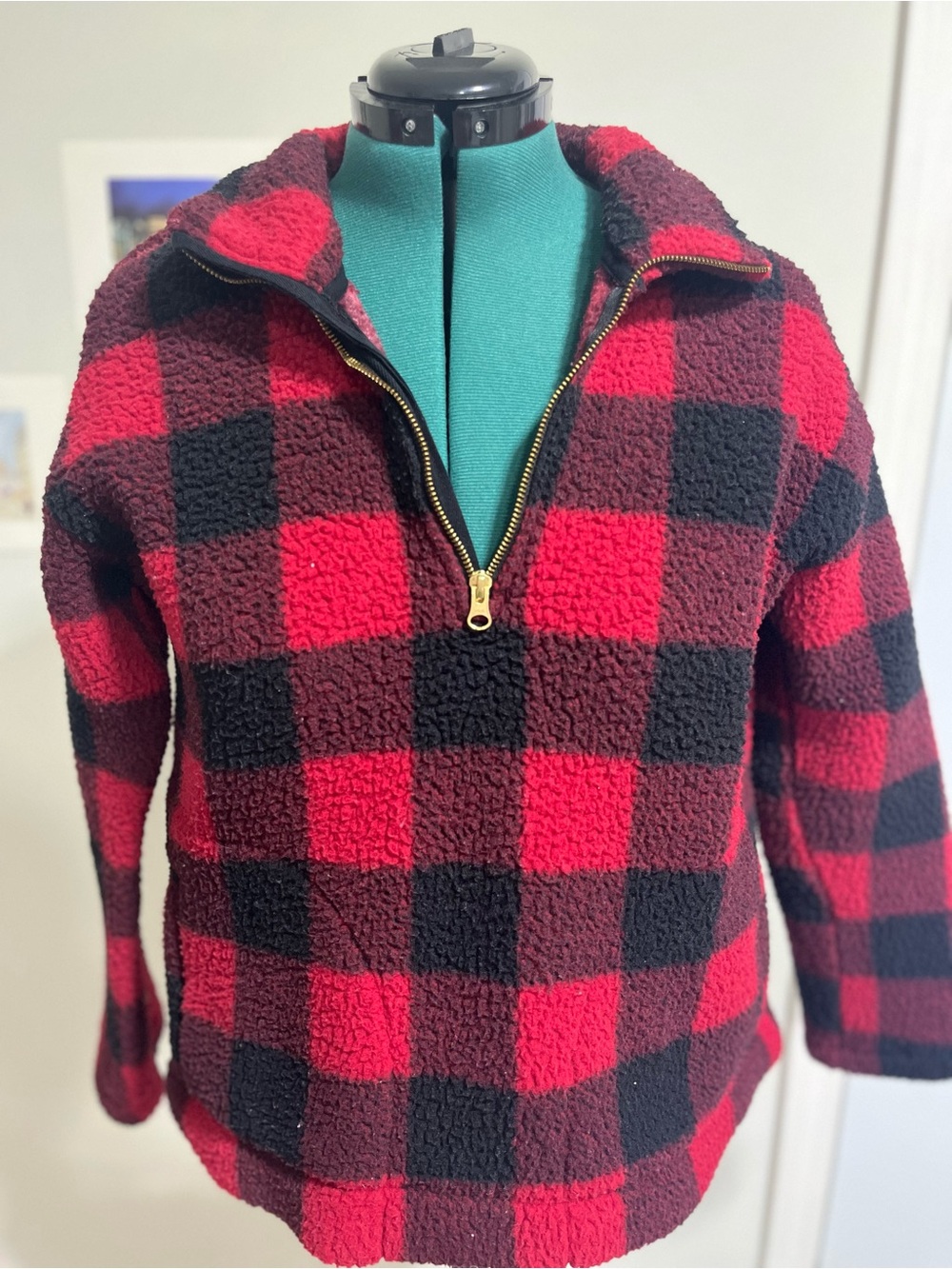Old Navy Red and Black Buffalo Plaid Sherpa Half-Zip Pullover